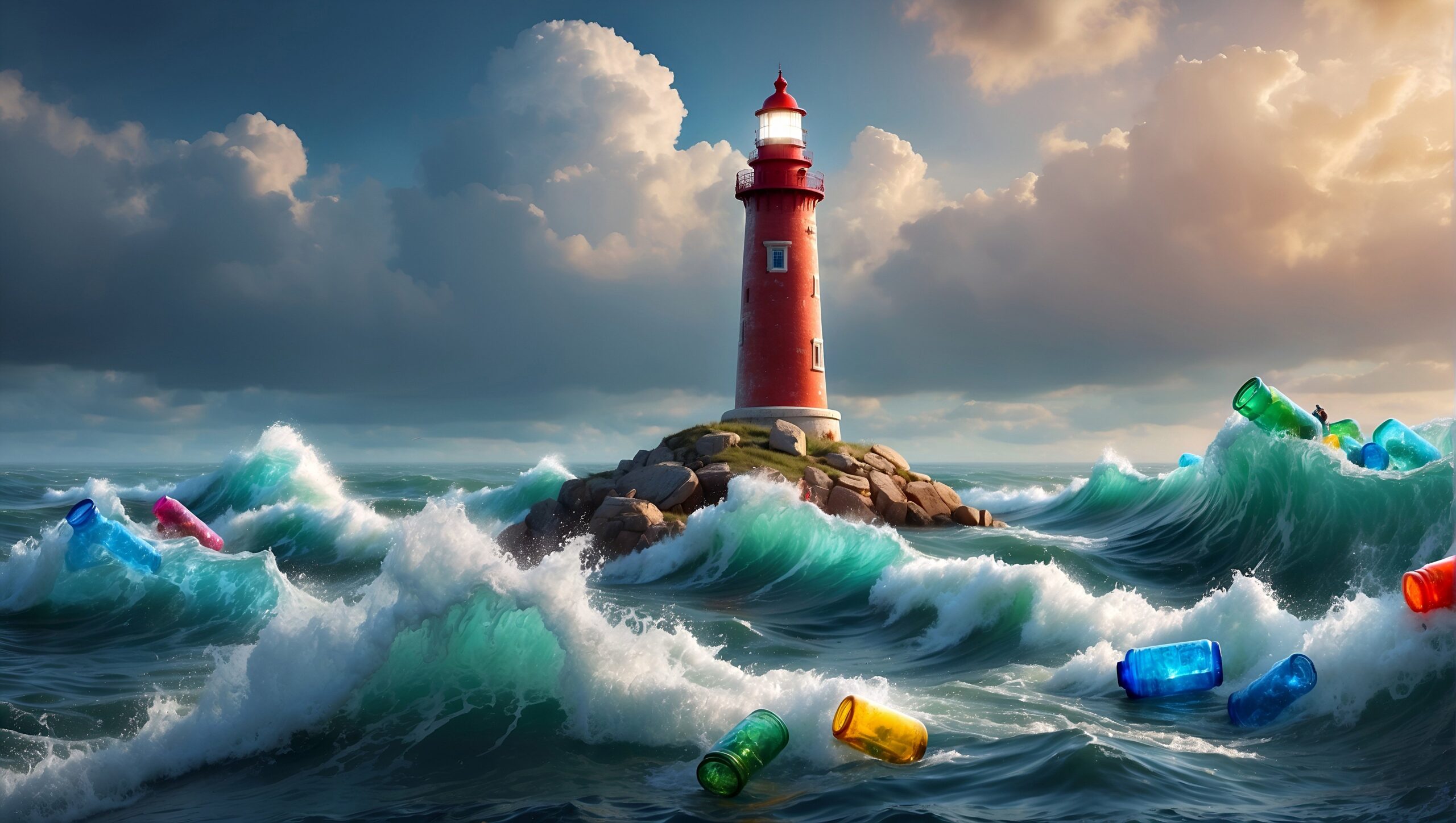 simulación con agua con plásticos y un faro para apreciar el problema actual con los microplásticos